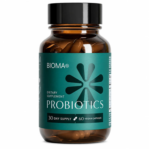 A bottle of BIOMA Probiotics dietary supplement, featuring an amber glass bottle with a black cap and a teal label, shown on a white background.