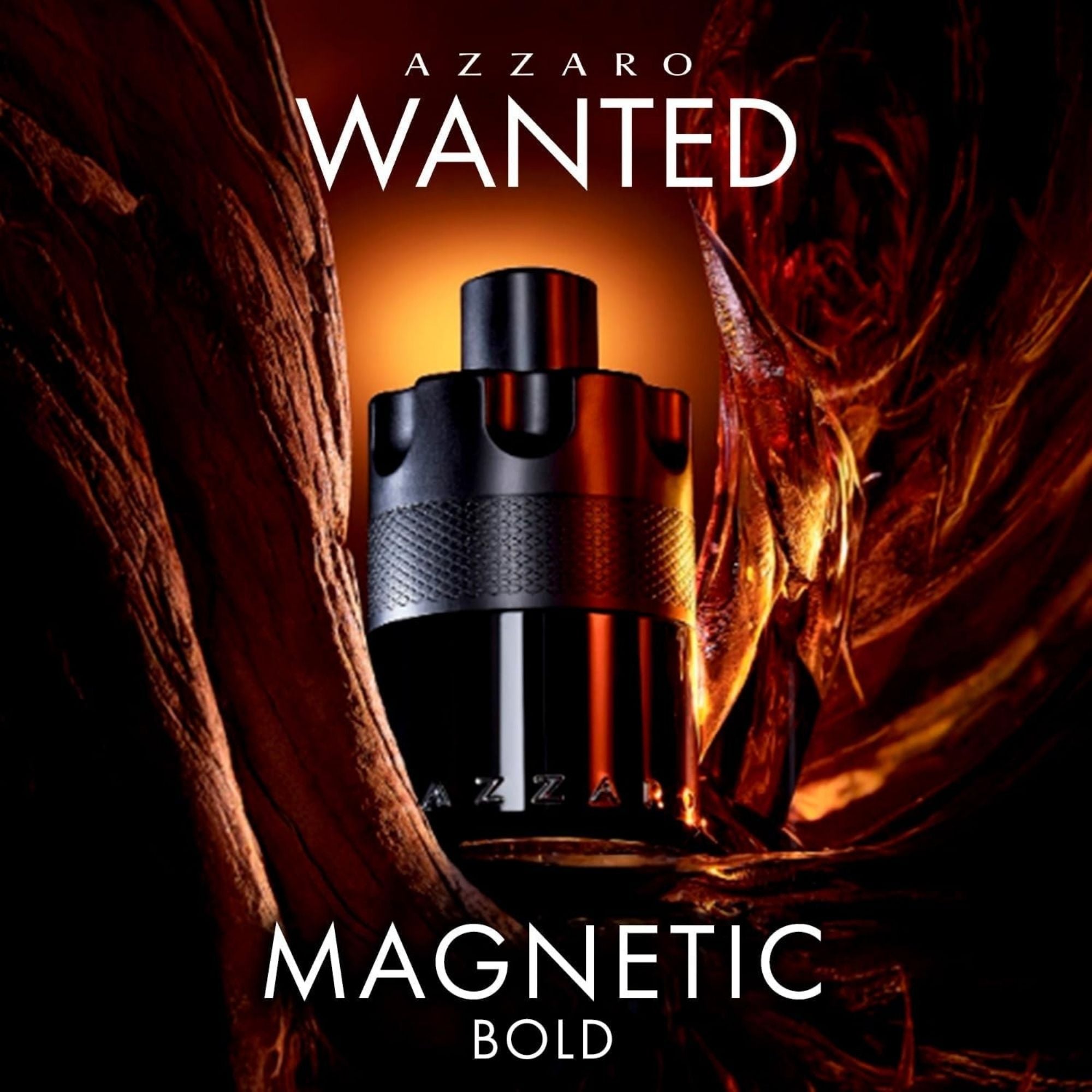 Azzaro Wanted Magnetic Bold perfume bottle with a dark and fiery background