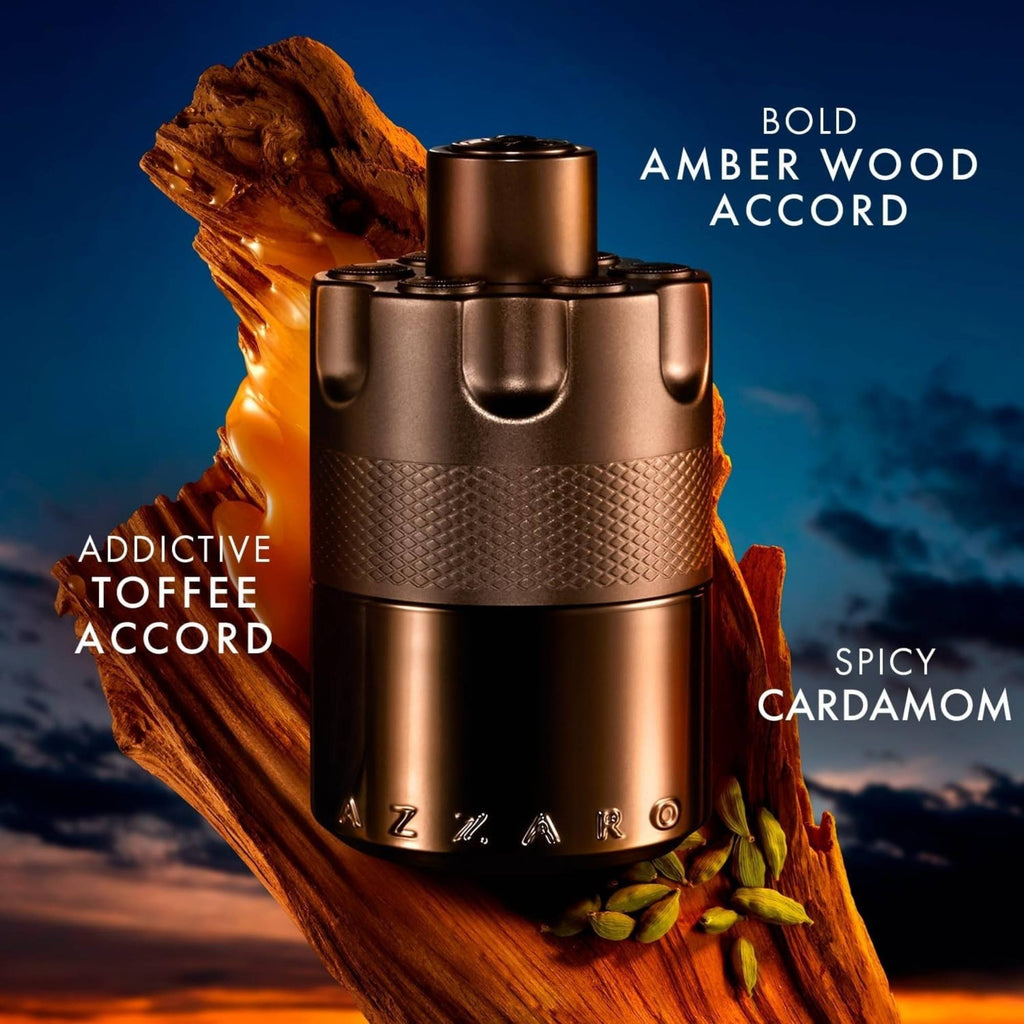 Azzaro cologne bottle on a wooden background with sunset sky