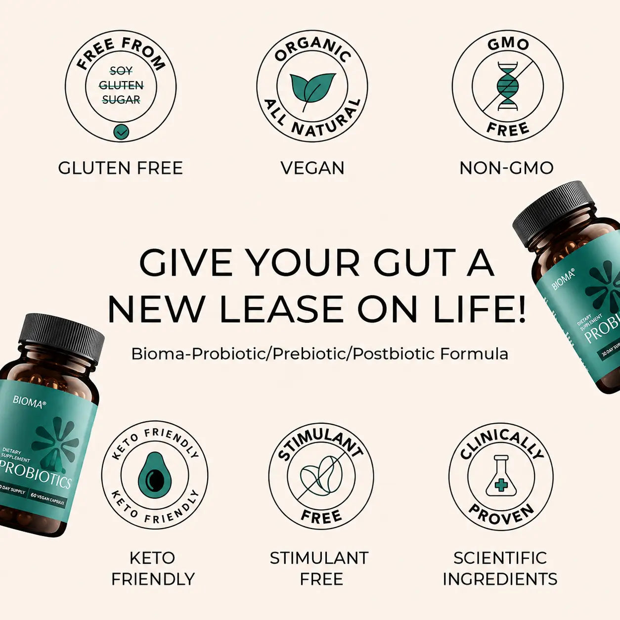 BIOMA probiotic capsules with vegan gluten free non GMO formula and prebiotic postbiotic ingredients