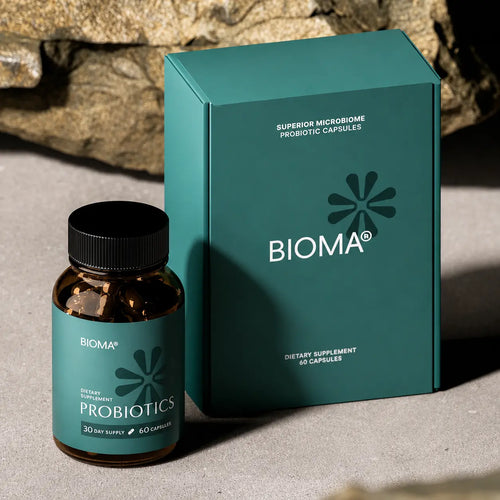 BIOMA probiotics 30 day supply bottle and box with 60 vegan capsules for daily digestive support