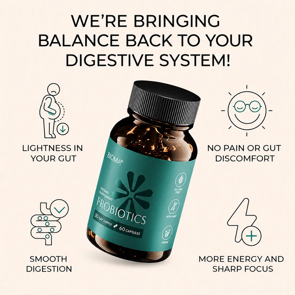 A bottle of BIOMAX Probiotics centered on a light beige background with marketing text and icons around it. The bottle is amber brown with a black cap and a teal label reading BIOMAX Probiotics.