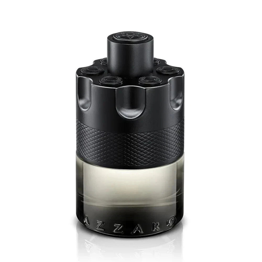 Black and gray Azzaro perfume bottle on a white background