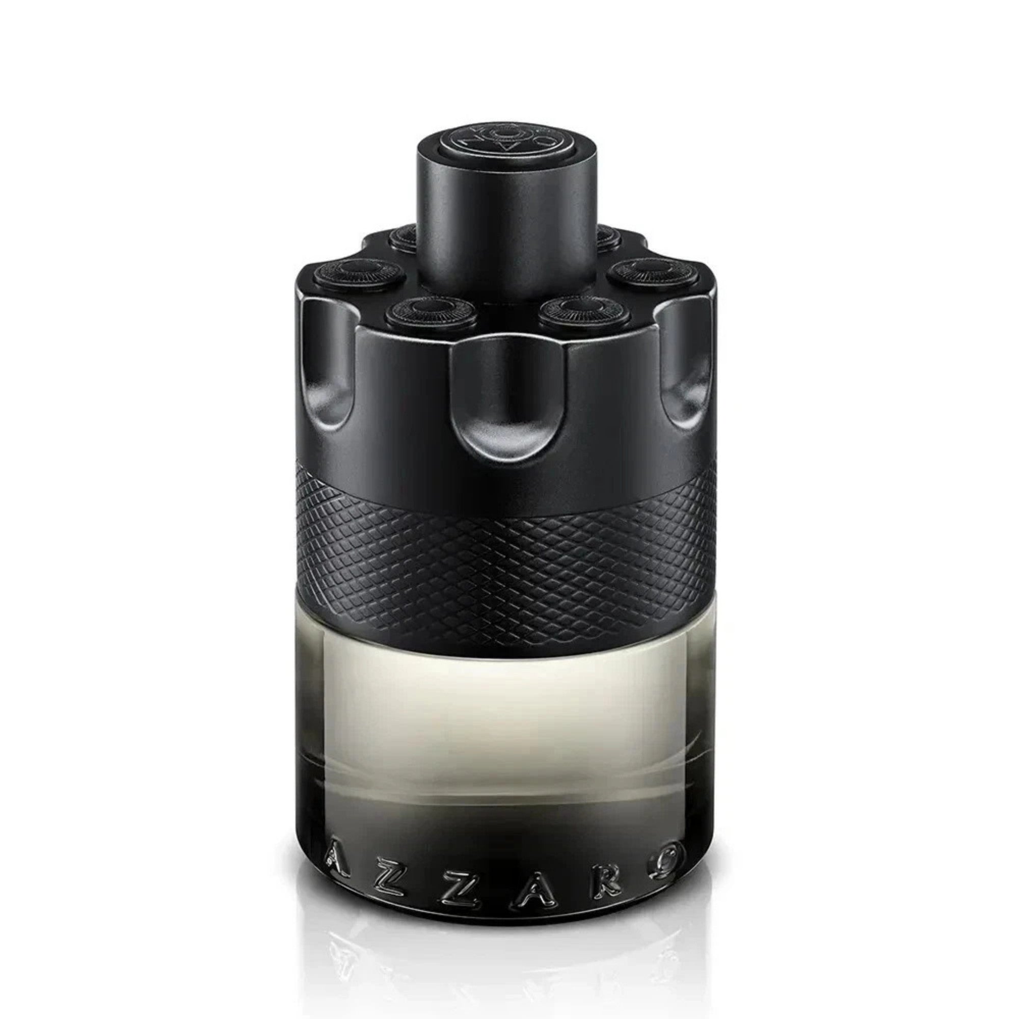 Black and gray Azzaro perfume bottle on a white background