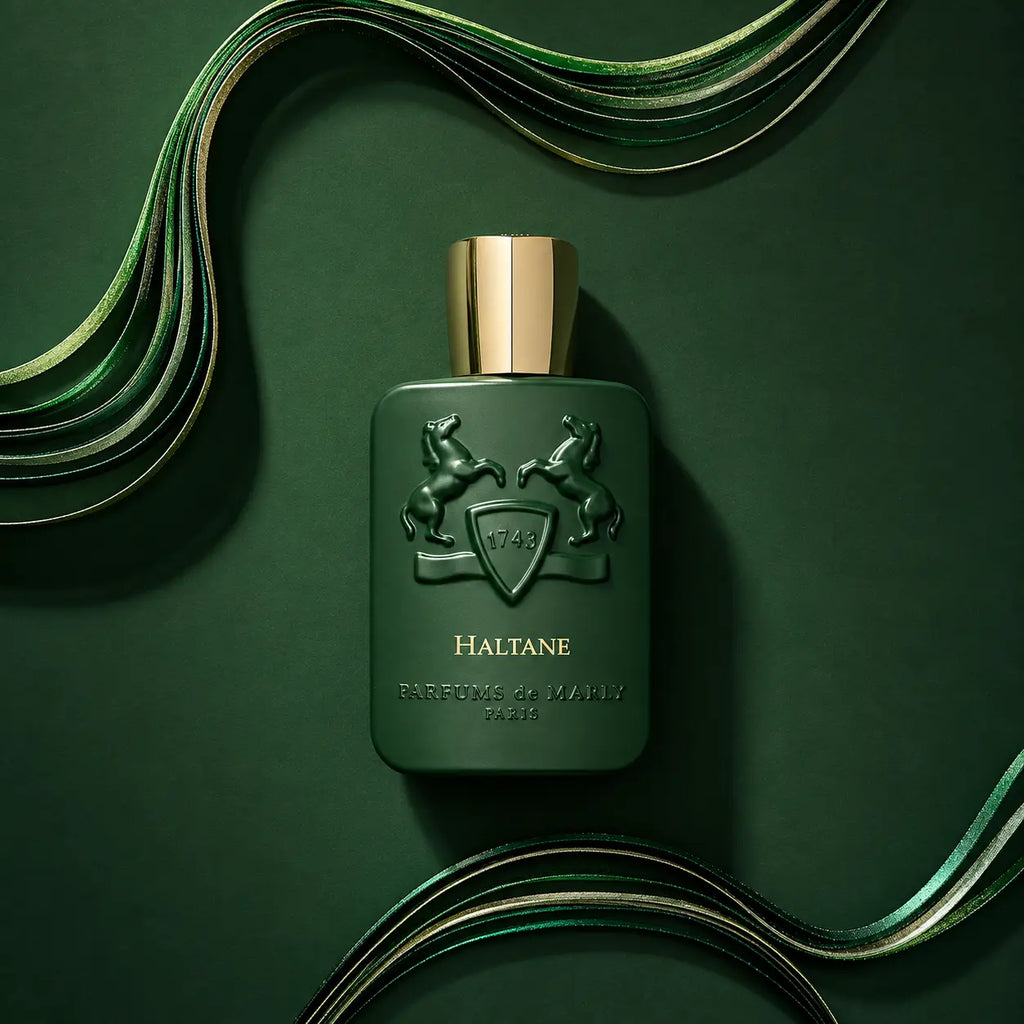 Haltane green matte glass perfume bottle with gold cap on dark green background, luxury unisex eau de parfum