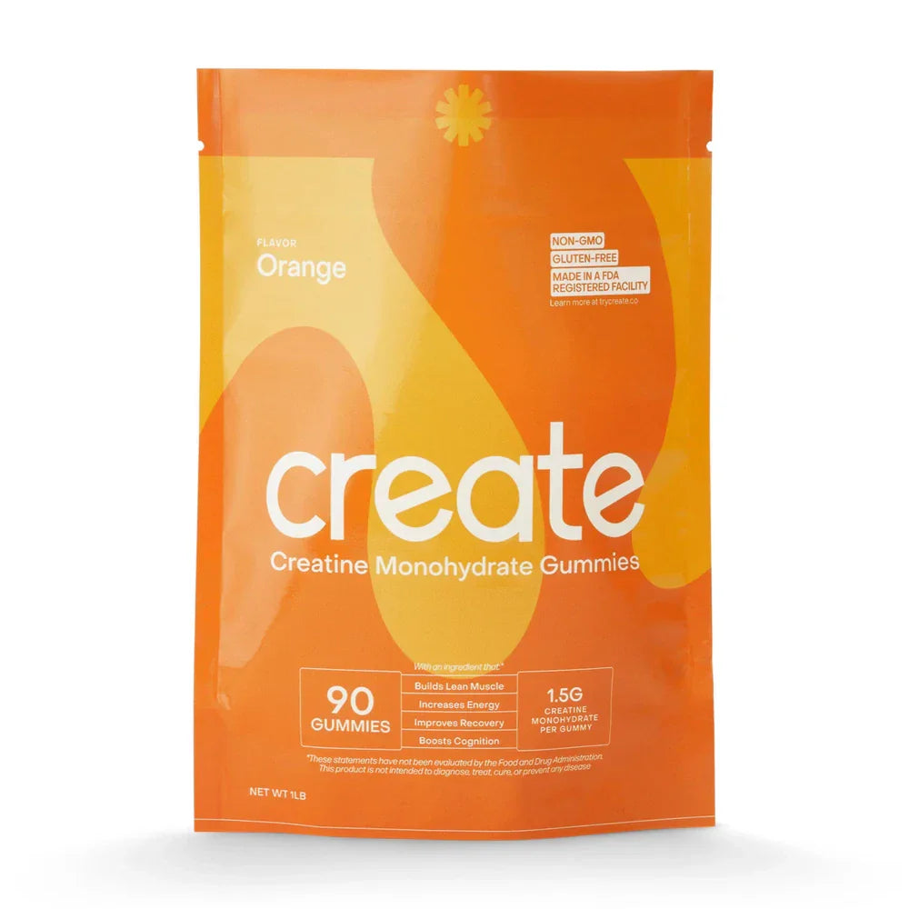 Creatine Monohydrate Gummies - 90 Count Orange Flavor in a sleek, clear container displaying the product's front label with vibrant orange graphics, designed to support muscle building and recovery with convenient daily supplementation.