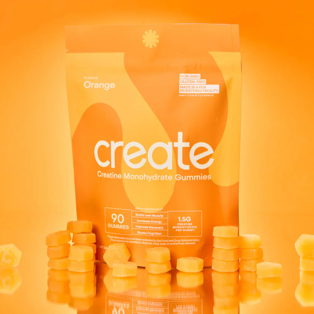 Bright orange Creatine Monohydrate Gummies neatly arranged in front of the product package, showcasing the delicious flavor and powerful muscle-building benefits, perfect for pre-workout energy and strength support.