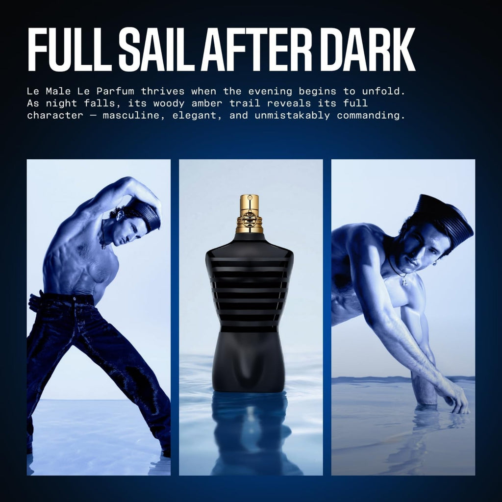 Jean Paul Gaultier Le Male Le Parfum Eau de Parfum Advertisement for 'Full Sail After Dark' perfume with a black bottle and images of a man and woman in a pool.