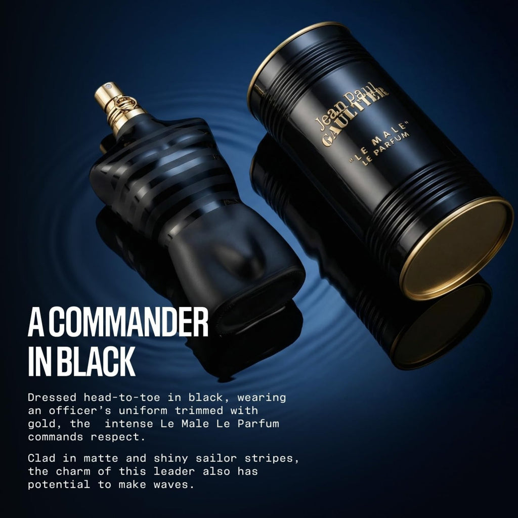 Jean Paul Gaultier Le Male Le Parfum Eau de Parfum Black and gold perfume bottle with text on a dark blue background