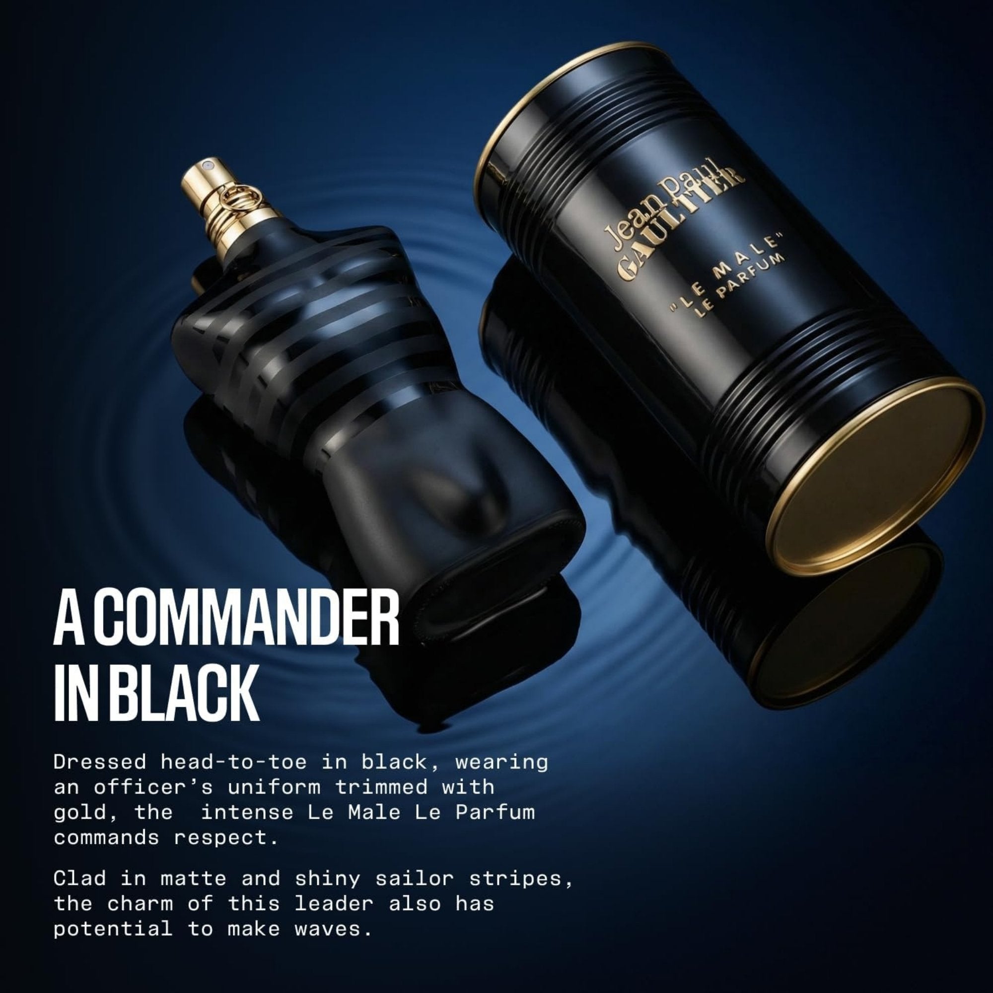 Jean Paul Gaultier Le Male Le Parfum Eau de Parfum Black and gold perfume bottle with text on a dark blue background