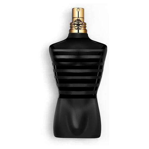 Jean Paul Gaultier Le Male Le Parfum Eau de Parfum Black striped perfume bottle with gold cap on a white background