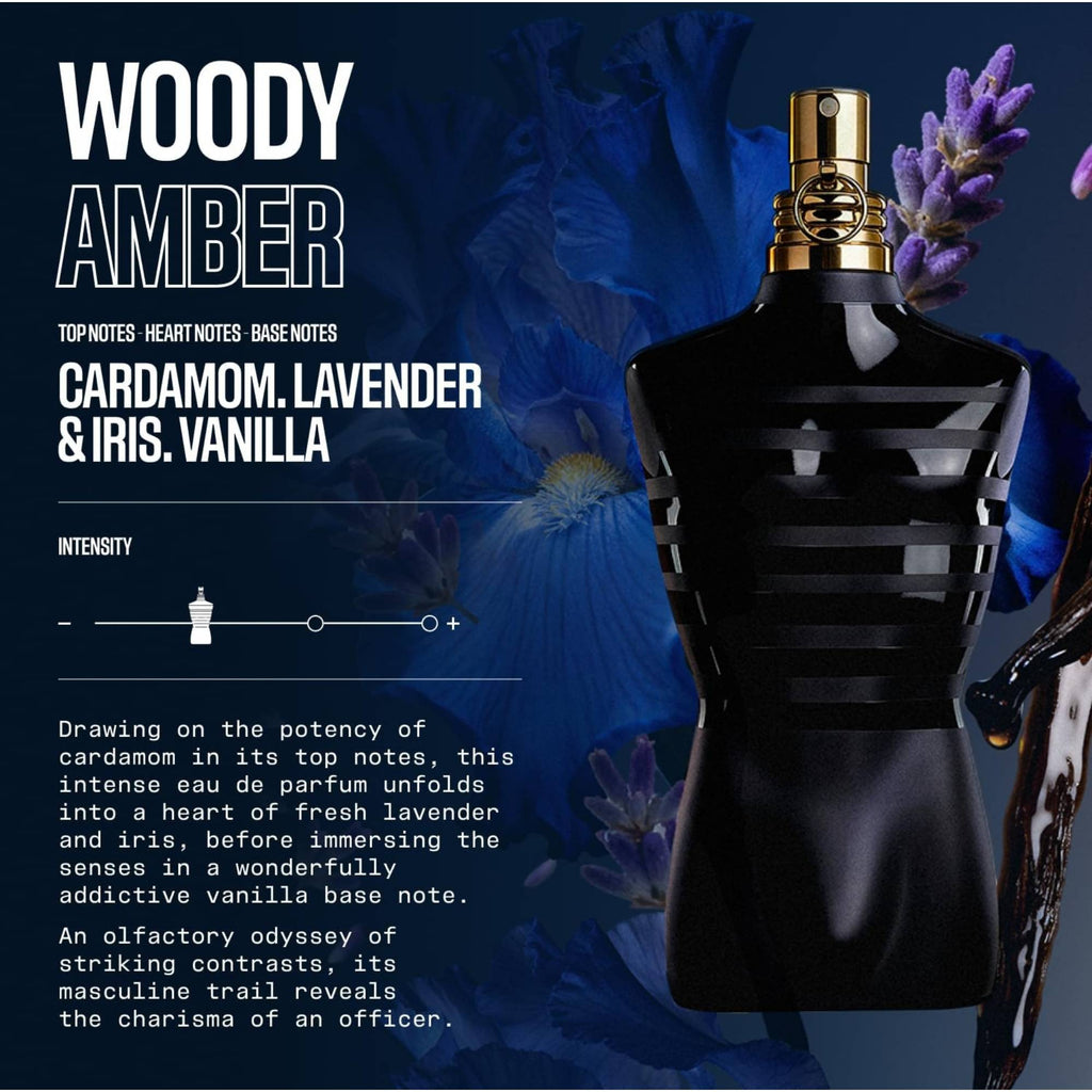 Jean Paul Gaultier Le Male Le Parfum Eau de Parfum bottle with floral elements and product description on a dark background