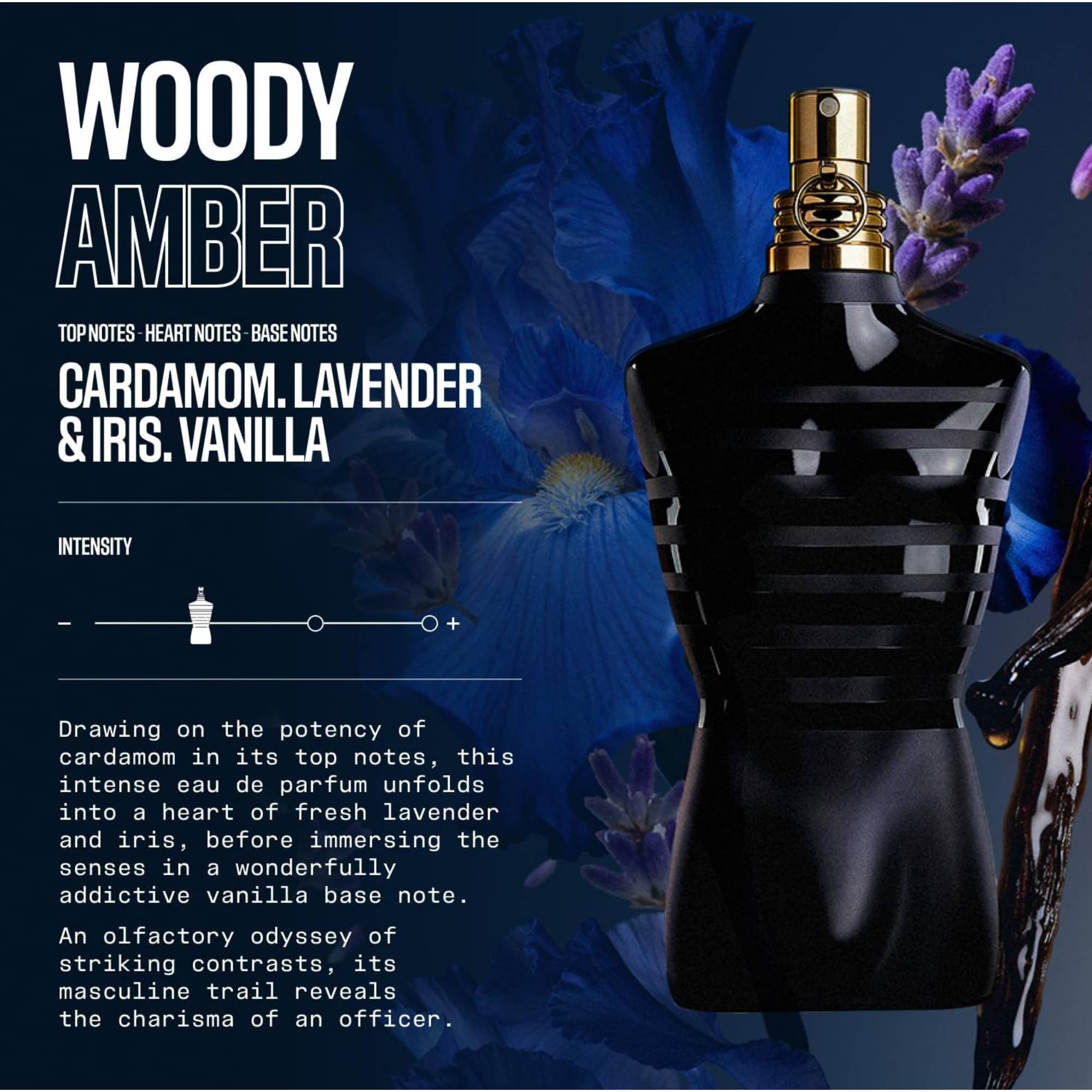 Jean Paul Gaultier Le Male Le Parfum Eau de Parfum bottle with floral elements and product description on a dark background