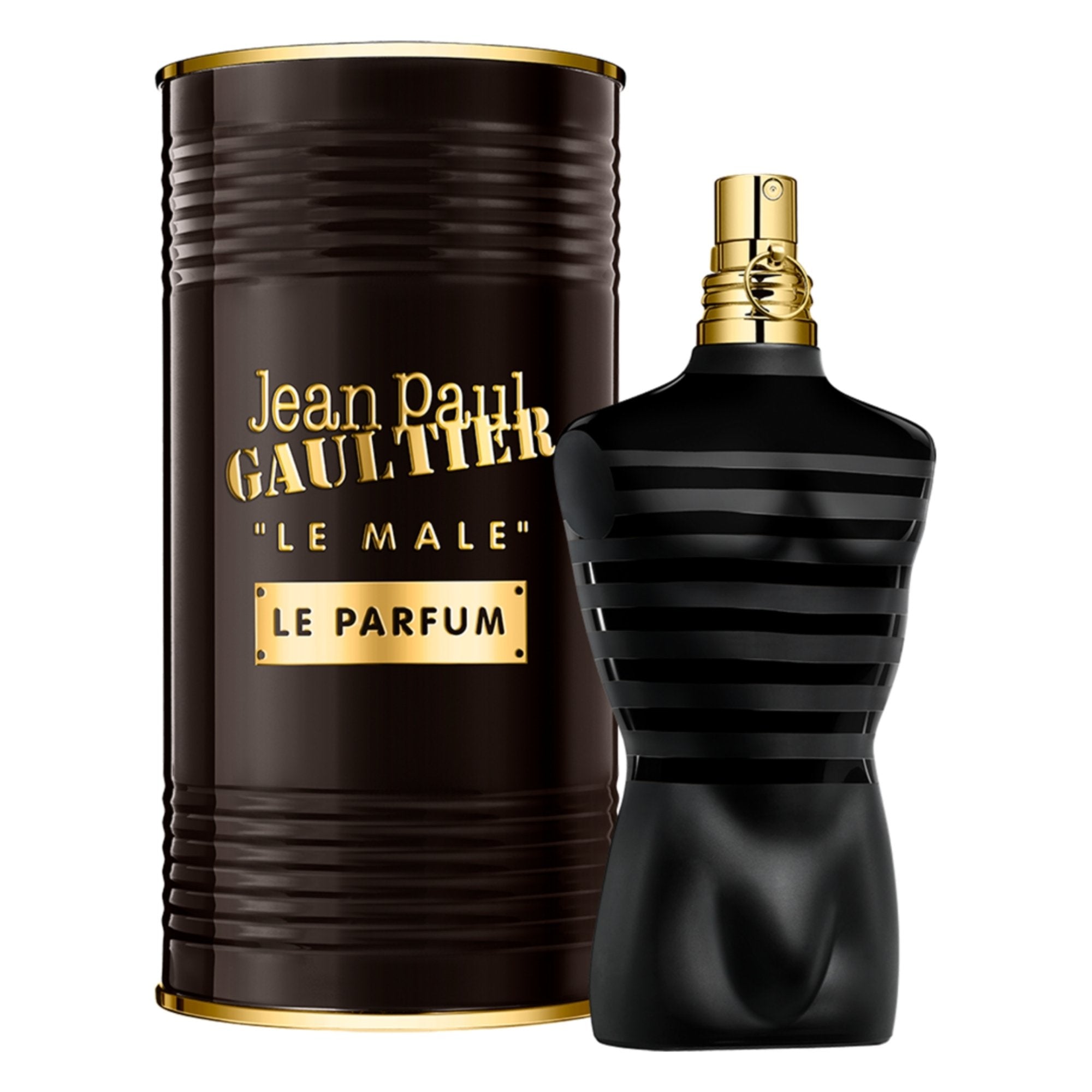 Jean Paul Gaultier Le Male Le Parfum perfume bottle and packaging on a white background