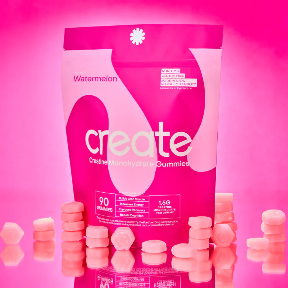 Create Creatine Monohydrate Gummies Watermelon - 90 Count. The bottle front view with watermelon-flavored gummies displayed alongside, emphasizing the delicious and easy-to-take creatine supplement for muscle growth and recovery.
