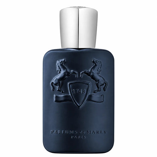 Parfums de Marly Layton Blue perfume bottle with silver cap on a white background