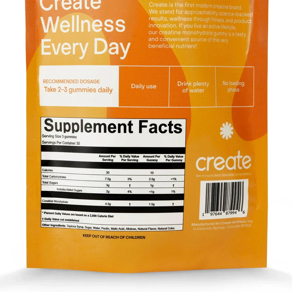 The back side of the Creatine Monohydrate Gummies package, clearly displaying the supplement facts, ingredients, and nutritional information to ensure full transparency for health-conscious consumers