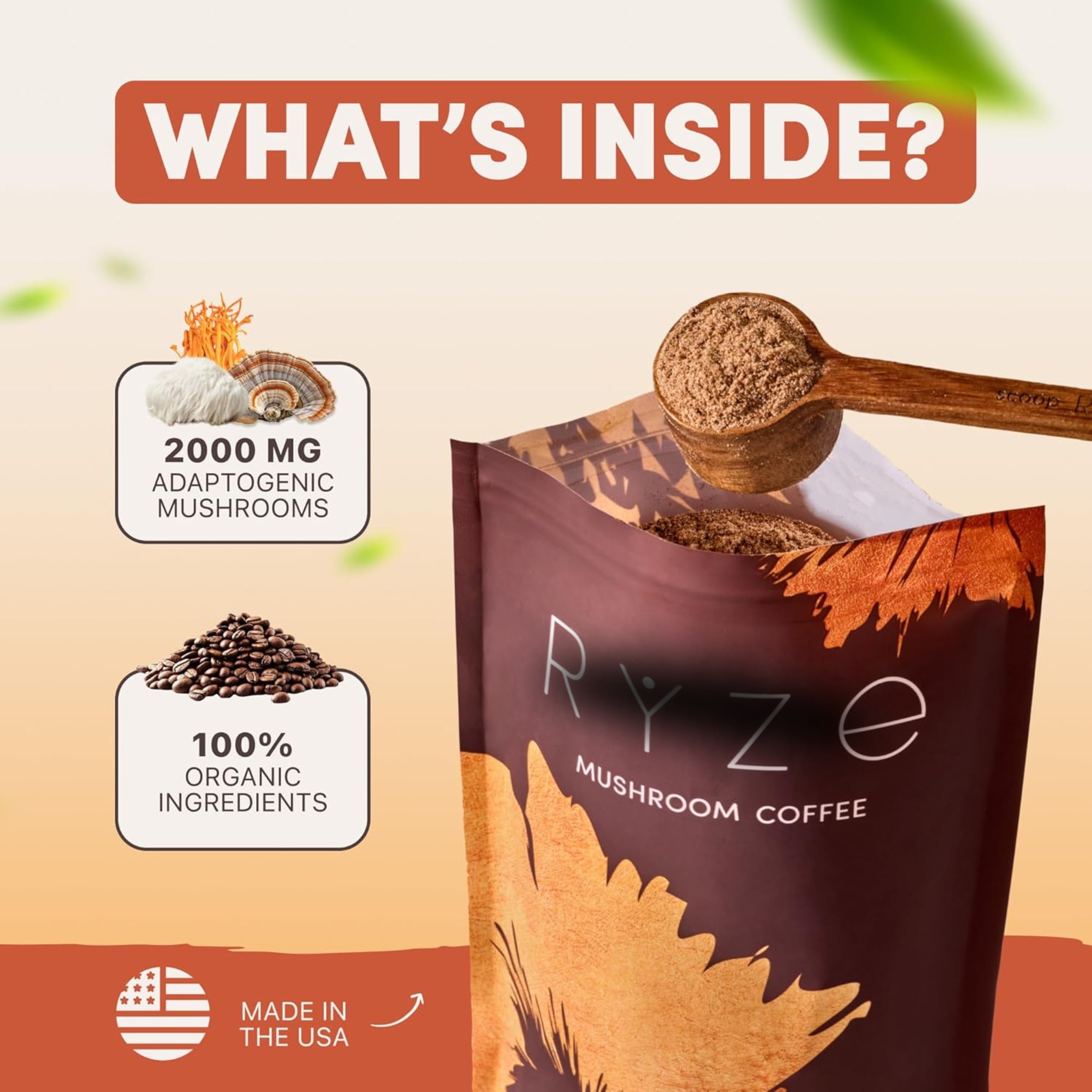 Ryze Mushroom Coffee package with text and images of mushrooms and coffee beans on a beige background.