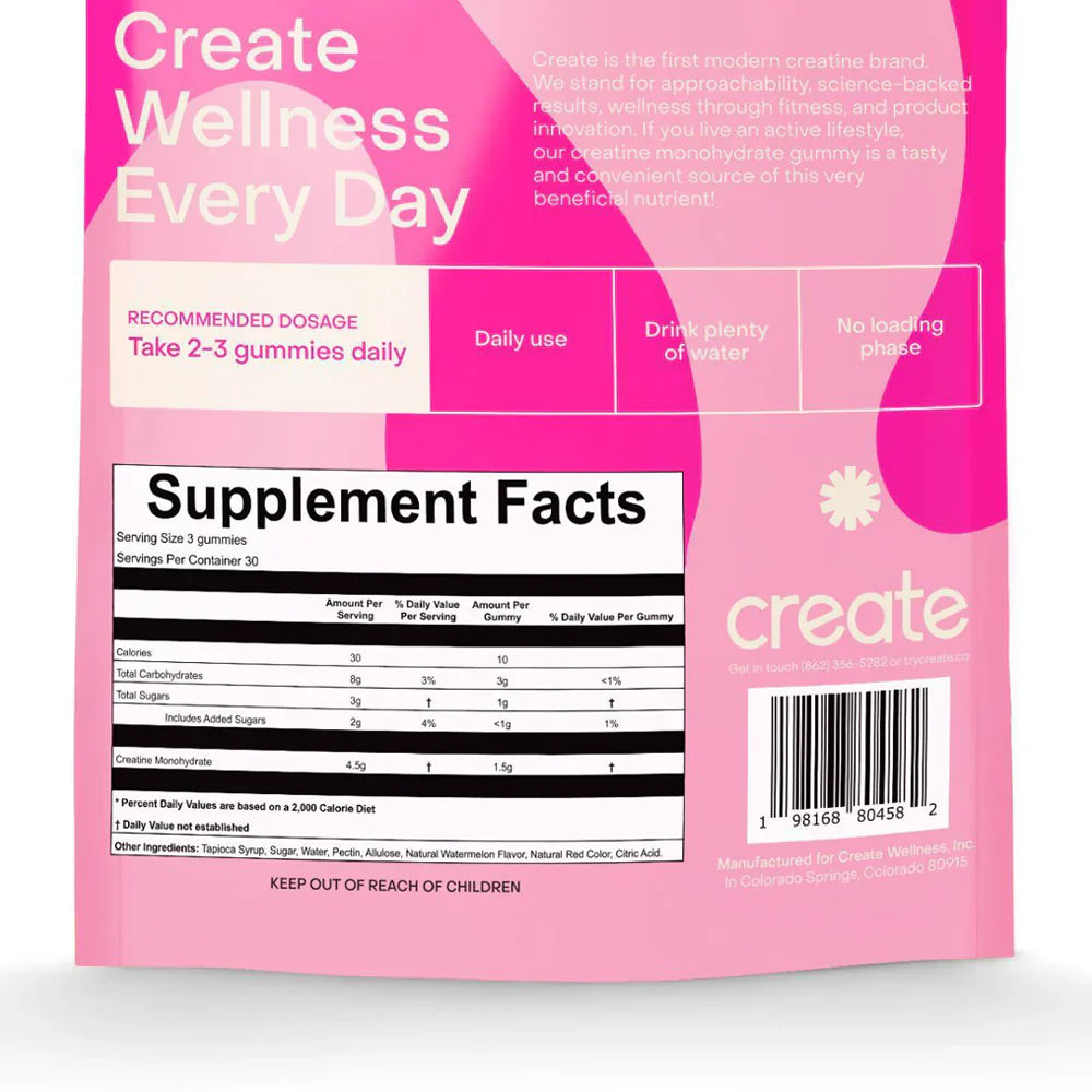 Create Creatine Monohydrate Gummies Watermelon - 90 Count. The back view of the bottle displaying the supplement facts label, providing detailed information on ingredients and nutritional content, ensuring transparency and trust for users.