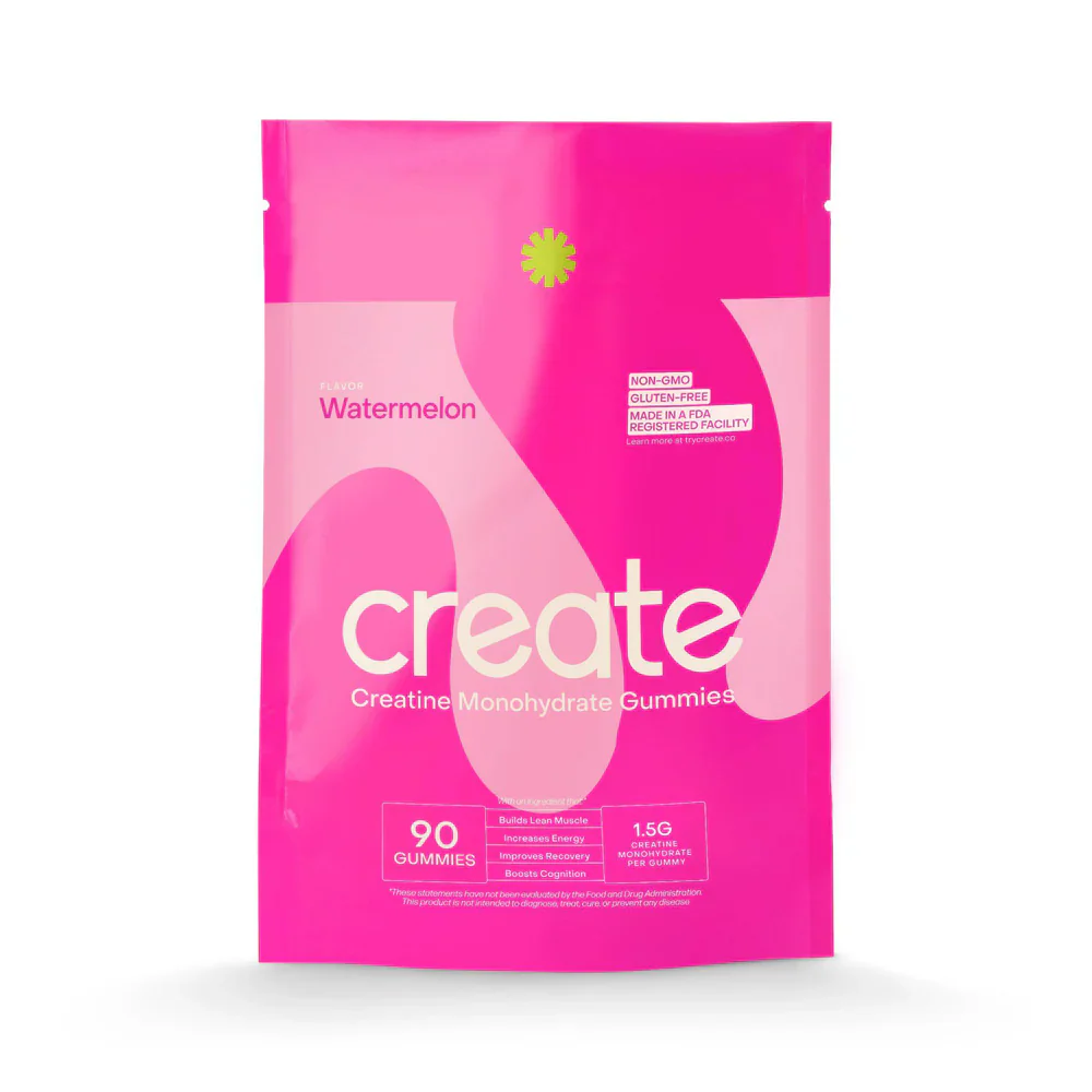 Create Creatine Monohydrate Gummies Watermelon - 90 Count. A clear front view of the bottle showcasing the label, highlighting the watermelon flavor and creatine monohydrate content. Ideal for muscle recovery and fitness enthusiasts.