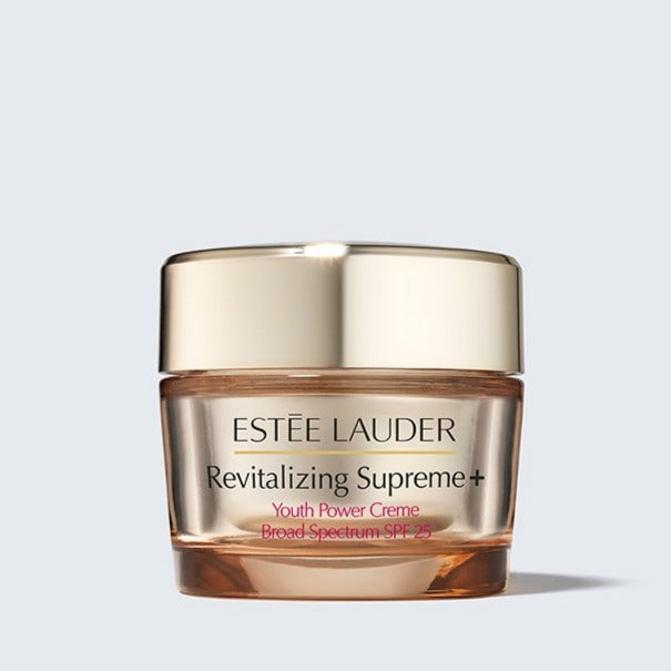 Estée Lauder Revitalizing Supreme+ Youth Power Creme SPF 25 Moisturizer front view. The jar features a luxurious design with a gold lid and clear base, showcasing the advanced anti-aging cream that provides hydration and sun protection for youthful skin.