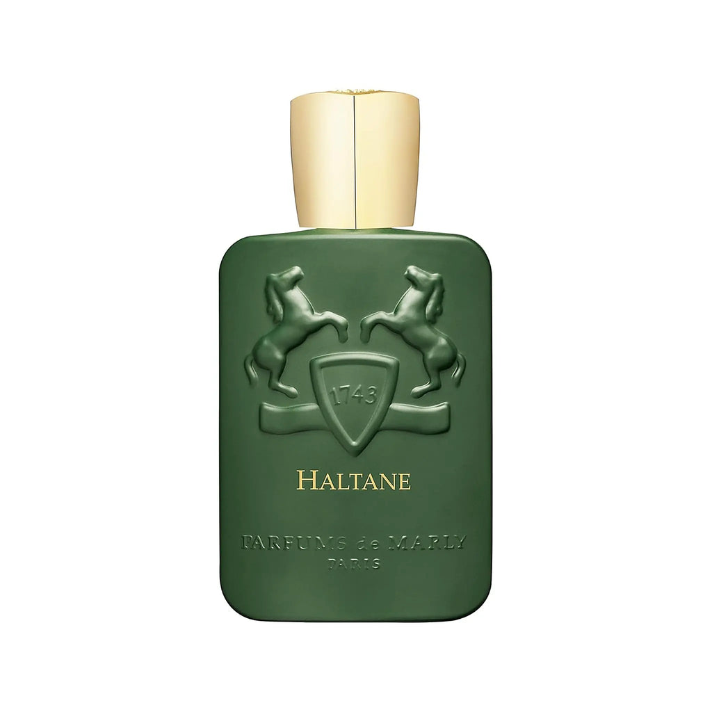 Haltane eau de parfum 125ml bottle, green matte glass with gold cap, Parfums de Marly luxury fragrance
