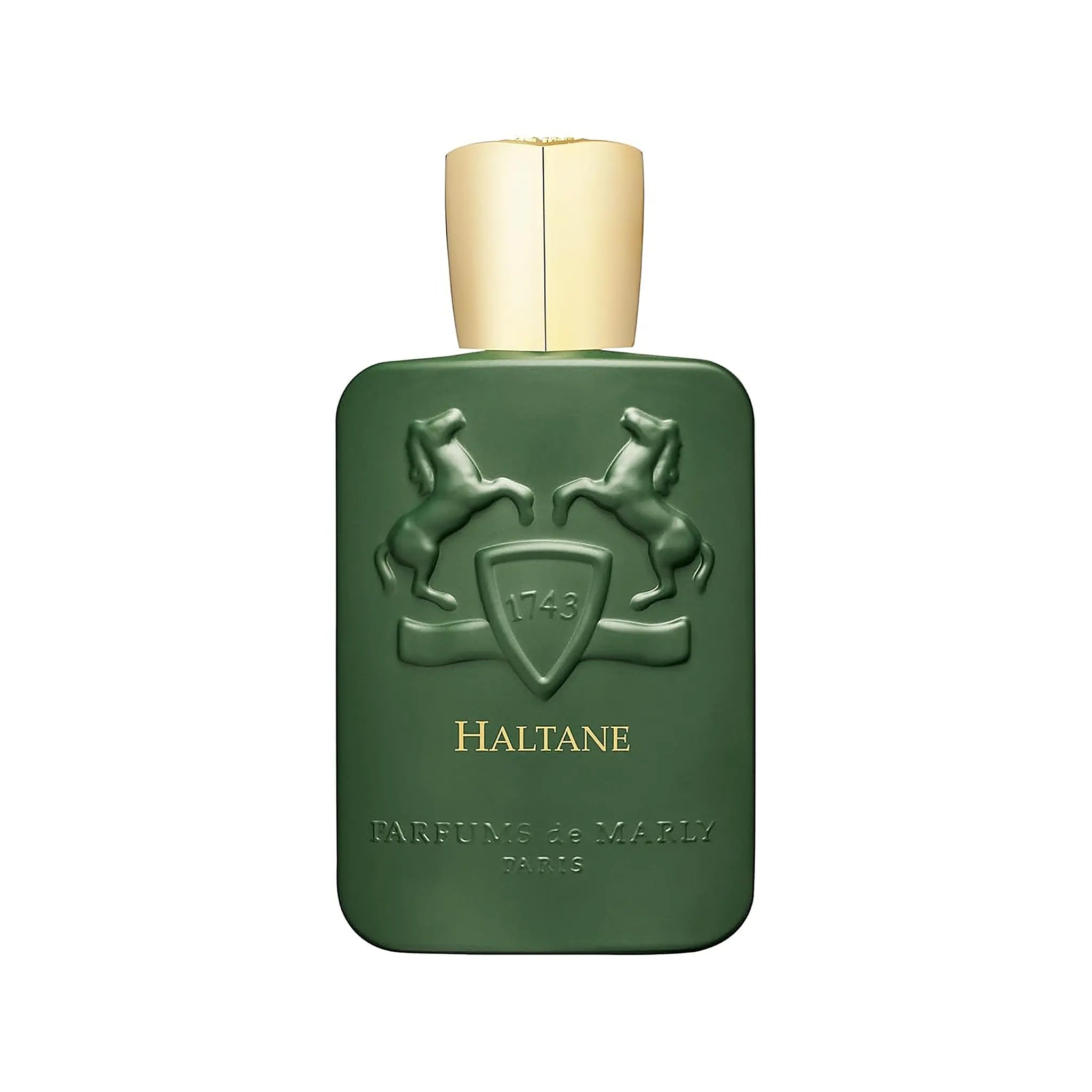 Haltane eau de parfum 125ml bottle, green matte glass with gold cap, Parfums de Marly luxury fragrance