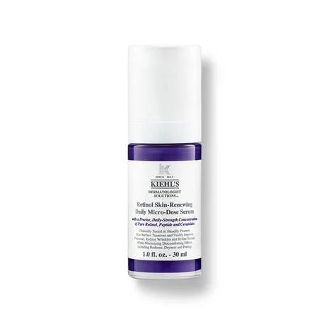 Kiehl's Micro-Dose Anti-Aging Retinol Serum with Ceramides and Peptide 50ml bottle front view. Featuring its sleek design, this serum is known for reducing fine lines, improving skin texture, and providing a youthful glow.